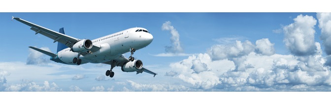 Jet plane in flight. Panoramic composition.